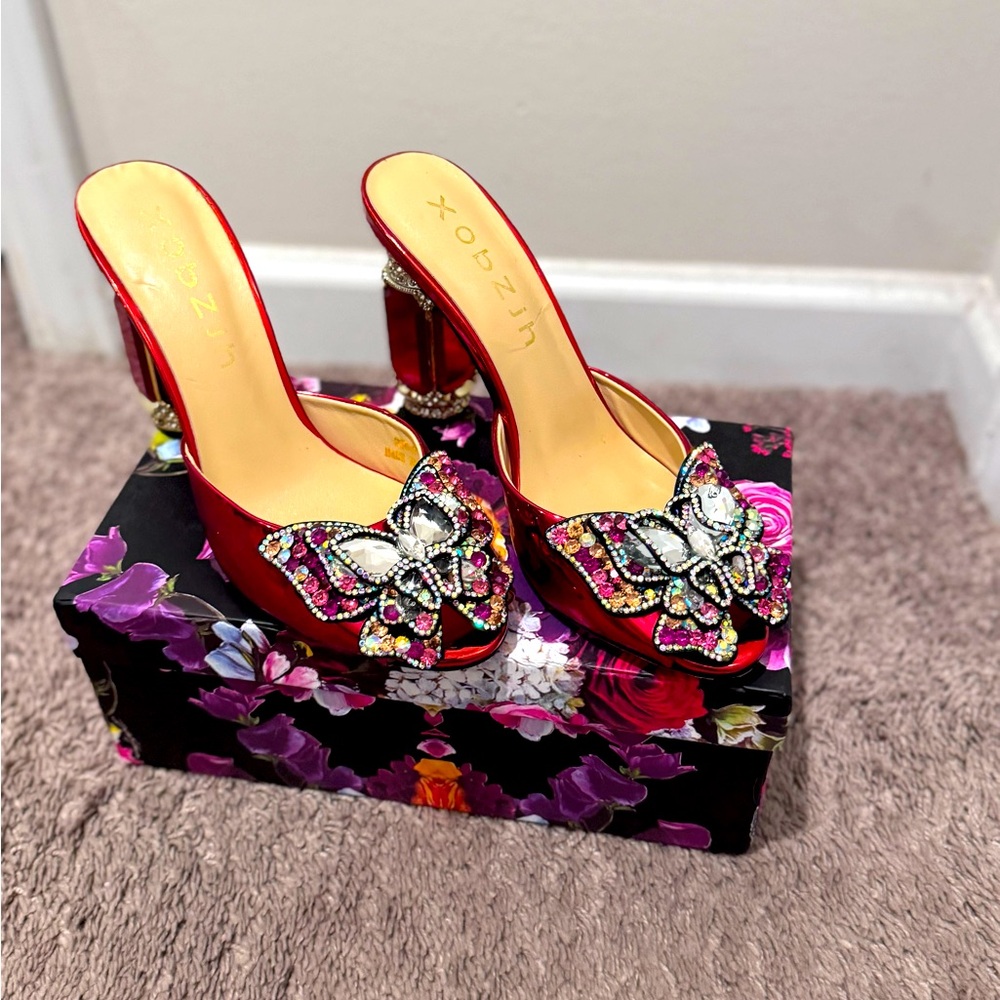 Red crystal and bling butterfly heels